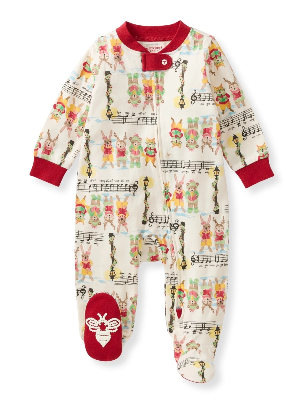 Burt’s Bees Baby Cream Musical Animal Christmas Print Footed One-Piece for Kids